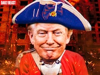 A photo illustration of Donald Trump dressed in British Revolutionary War uniform in front of destruction from the Ukraine war for the Daily Beast podcast.