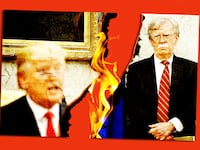Donald Trump and John Bolton on a piece of split paper on fire
