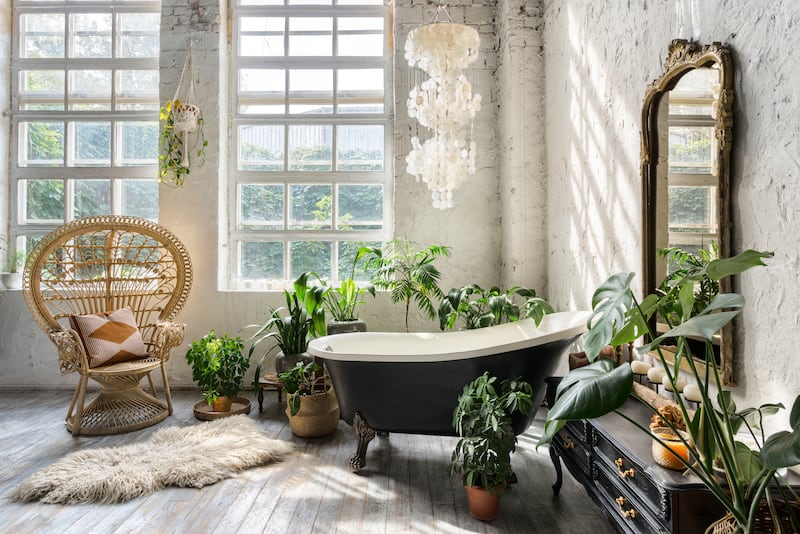 Comfortable bathroom with interior design in boho chic style surrounded by houseplants.