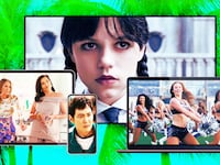 A photo illustration of production stills from And Just Like That, Wednesday, Squid Games, and America's Sweethearts: Dallas Cowboy Cheerleaders.