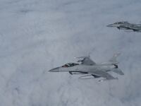F-16 aircraft fly during a NATO media event at an airbase in Malbork, Poland, March 21, 2023.