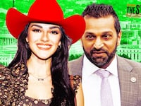 A photo illustration of Alexis Wilkins, Kash Patel, and a background of Washington, DC.