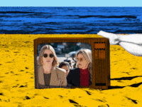 Television on the beach with legs resting on top showing cyclical images of Nine Perfect Strangers, Secret Lives of Mormon Wives, and Sirens