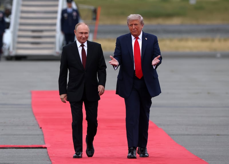 ANCHORAGE, ALASKA - AUGUST 15: (RUSSIA OUT) U.S. President Donald Trump and Russian President Vladimir Putin meet for their summit on the war in Ukraine, at U.S. Air Base on August 15, 2025, in Anchorage, Alaska, United States. Putin is having a one-day trip to Alaska. (Photo by Contributor/Getty Images)