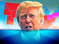 A photo illustration of Donald Trump sinking in blue water and the midterm election map.