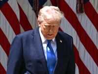 President Donald Trump arrives to speak at a National Day of Prayer event in the Rose Garden of the White House in Washington, DC, on May 1, 2025.