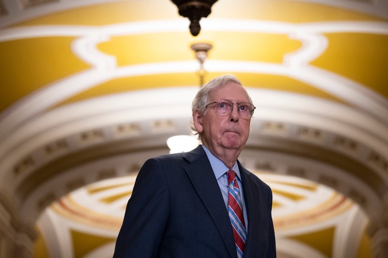 Senate Minority Leader Mitch McConnell (R-KY) arrives to a news conference after a lunch meeting with Senate Republicans U.S. Capitol 26, 2023 in Washington, DC.