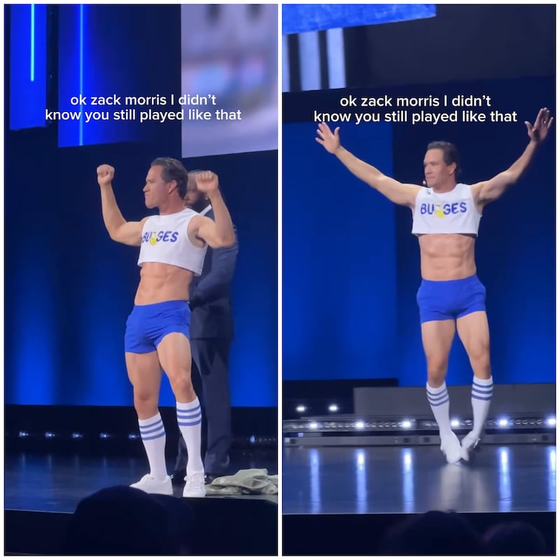 Mark-Paul Gosselaar appeared in a cropped top to promote his upcoming show, “Bulges.”