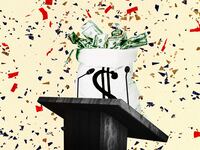 A photo illustration showing stolen money giving a celebratory speech.