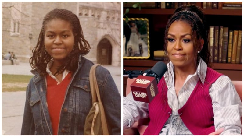 Michelle Obama, during her college years at Princeton in the early 1980s, and in 2026, on the 'Call Her Daddy' podcast.