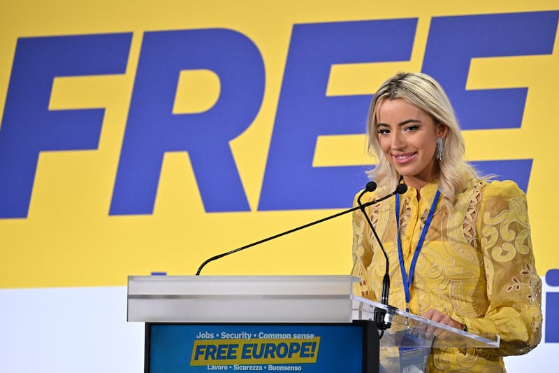 US author Ashley St. Clair, delivers a speech during a convention of the European Parliament leaders of Identity and Democracy group (ID), on December 3, 2023 at the Fortezza da Basso in Florence.