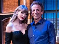 Taylor Swift and Seth Meyers on the set of "Late Night"