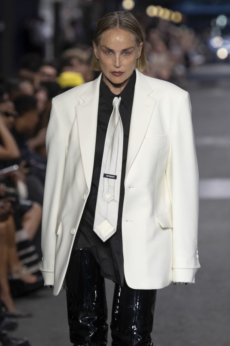 Sharon Stone walks the runway during the Vetements Menswear Spring/Summer 2027 fashion show as part of Paris Fashion Week in 2026.