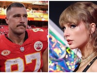 Side-by-side photos of Taylor Swift and Travis Kelce.