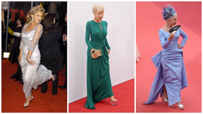 Helen Mirren in "stripper heels" in 2004, 2013, and 2023.