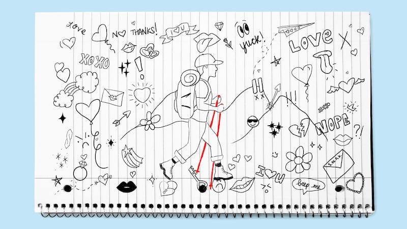 illo illustration of doodles in a notebook showing a man hiking