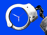 A gif of a pair of handcuffs with a clock ticking inside of them