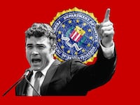 A photo illustration of Joe Kent and the FBI seal.