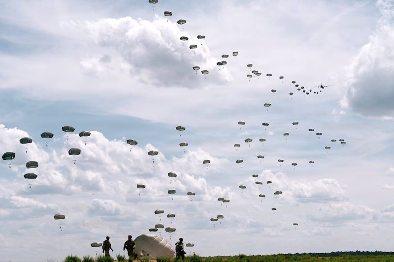 Paratroopers assigned to the 82nd Airborne Division conduct a series of mass tactical airborne operations during the U.S. Army’s 250th birthday celebration at Fort Bragg, North Carolina, June 10, 2025.