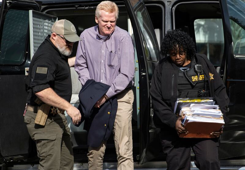 A photograph of Alex Murdaugh being escorted back into the courtroom for his double murder trial at the Colleton County Courthouse on Wednesday, Feb. 8, 2023, in Walterboro, S.C.