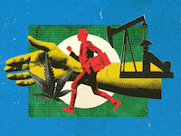 A photo illustration showing the silhouette of a businessman running across an outstretched hand with marijuana and an oil rig