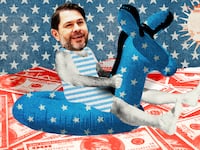 Ruben Gallego on an inflatable inner tube of a donkey over a pile of red cash