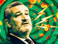 A photo illustration of Senator Ted Cruz on a green background of dollar signs and soundwaves.