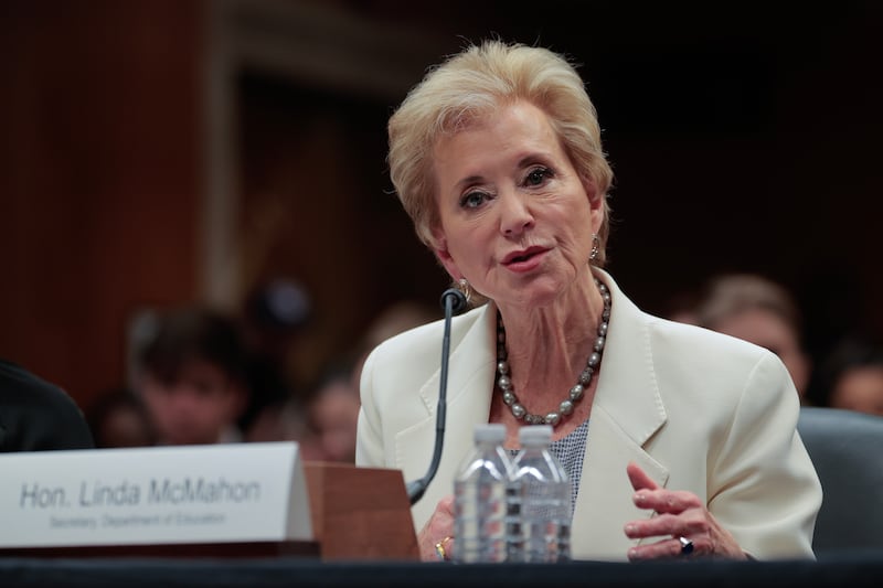 WASHINGTON, DC - JUNE 03: Education Secretary Linda McMahon testifies before the Senate Appropriations Committee's Labor, Health and Human Services, and Education Subcommittee about the proposed 15-percent cut to the Education Department's budget in the Dirksen Senate Office Building on Capitol Hill on June 03, 2025 in Washington, DC. President Donald Trump tasked McMahon with shutting down the Education Department, however, its FY2026 budget maintains spending levels for Title I and special education while slashing funding for Pell Grants and other programs for low-income students. (Photo by Chip Somodevilla/Getty Images)