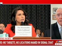 Barry McCaffrey on TV. Tulsi Gabbard shown at Senate Hearing.