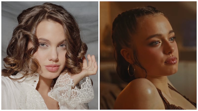 portrait of actress Angelina Jolie in a white blouse with curled hair from 1991 by Harry Langdon (left); close-up shot of Shiloh Jolie in "What's a girl to do" by Dayoung (right)