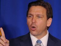 Florida Gov. Ron DeSantis speaks at the 2023 NHGOP Amos Tuck Dinner in Manchester, New Hampshire, April 14, 2023..
