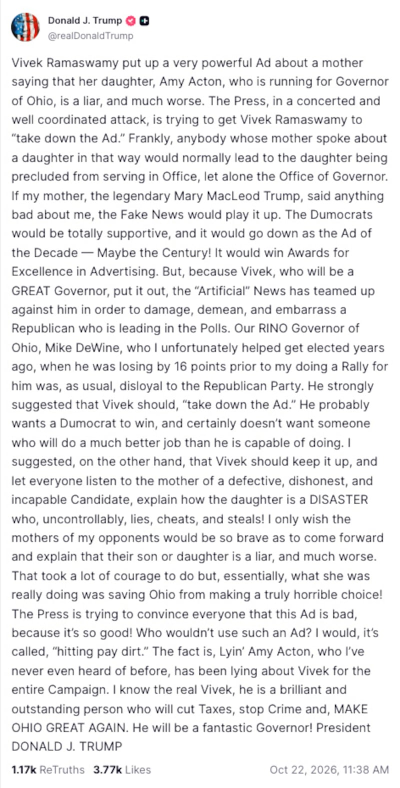 Donald Trump's Truth Social post about Vivek Ramaswamy's Amy Acton ad.