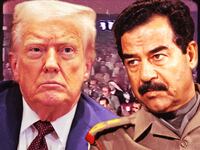 A photo illustration of President Donald Trump, Saddam Hussein, and screen grabs from the 1979 Ba'ath Party Purge led by Hussein.