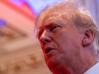 Former U.S. President Donald Trump talks to the press on the grounds of his Mar-a-Lago resort on midterm elections night in Palm Beach, Florida, U.S. November 8, 2022.