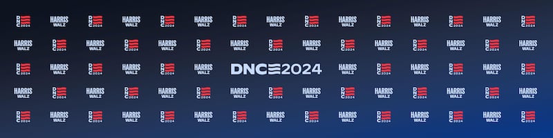 A DNC logo backdrop for the Democratic convention in Chicago.