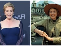 Julie Andrews poses in a collage alongside a picture of herself from the 1965 film 'The Sound of Music.'