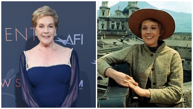 Julie Andrews poses in a collage alongside a picture of herself from the 1965 film 'The Sound of Music.'