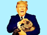 Photo illustration of Donald Trump holding a cat.