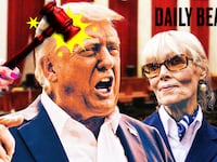 A photo illo illustration of Donald Trump and E. Jean Carroll for the Daily Beast podcast.