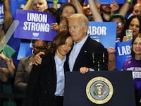 Democratic presidential nominee, U.S. Vice President Kamala Harris is embraced by U.S. President Joe Biden during a campaign event at IBEW Local Union #5 on September 02, 2024 in Pittsburgh, Pennsylvania.