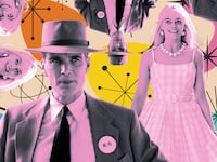 A photo illustration of Cillian Murphy as Oppenheimer and Margot Robbie as Barbie.