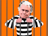 Photo illustration of Steve Bannon behind bars in a striped prison outfit