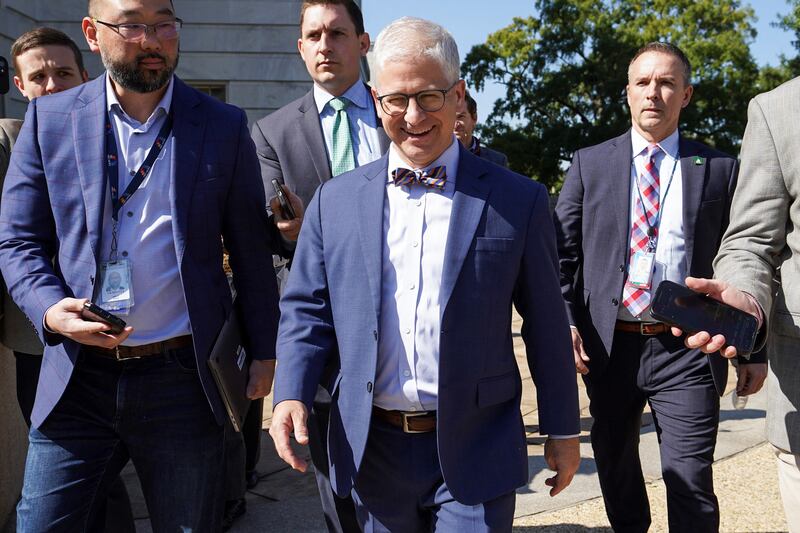 Speaker of the House Pro Tempore Patrick McHenry (R-NC) departs a House Republican Conference meeting.