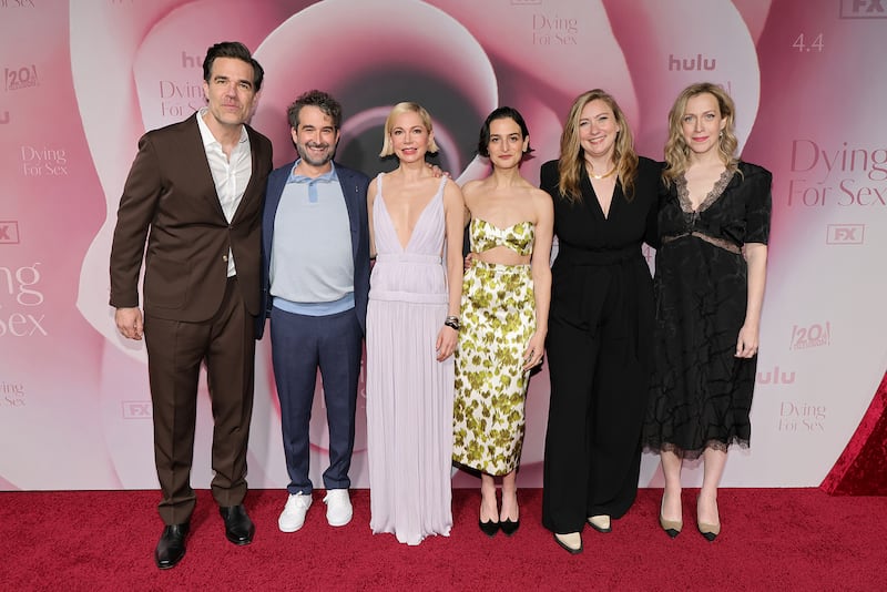 Rob Delaney, Jay Duplass, Michelle Williams, Jenny Slate, Elizabeth Meriwether and Kim Rosenstock attend FX's "Dying For Sex" New York Premiere at SVA Theater on April 2, 2025 in New York City.