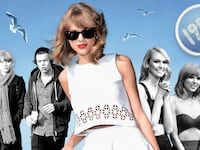 An illustration including photos of Taylor Swift, Harry Styles, and Karlie Kloss