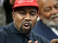 Rapper Kanye West speaks during a meeting with U.S. President Donald Trump