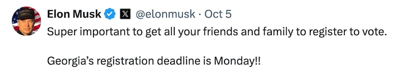 Elon Musk posts about registering to vote