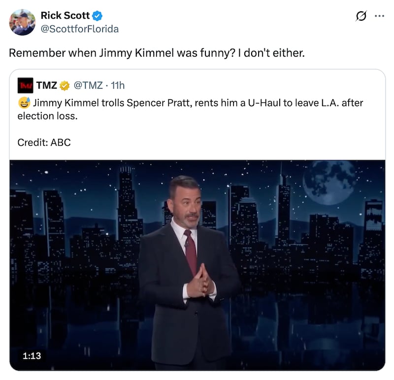 Rick Scott X post about Kimmel
