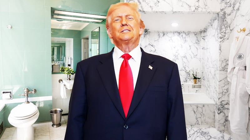A photo illustration of Donald Trump in front of the before and after of the White House's Lincoln Bathroom renovation.