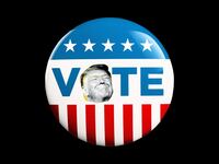An illustration including former U.S. President Donald Trump and a Voter pin